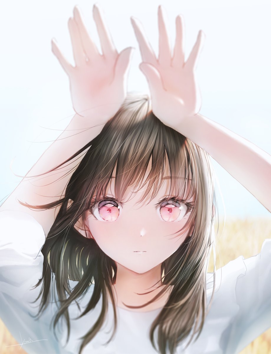 1girl solo looking at viewer arms up shirt white shirt bangs  illustration images