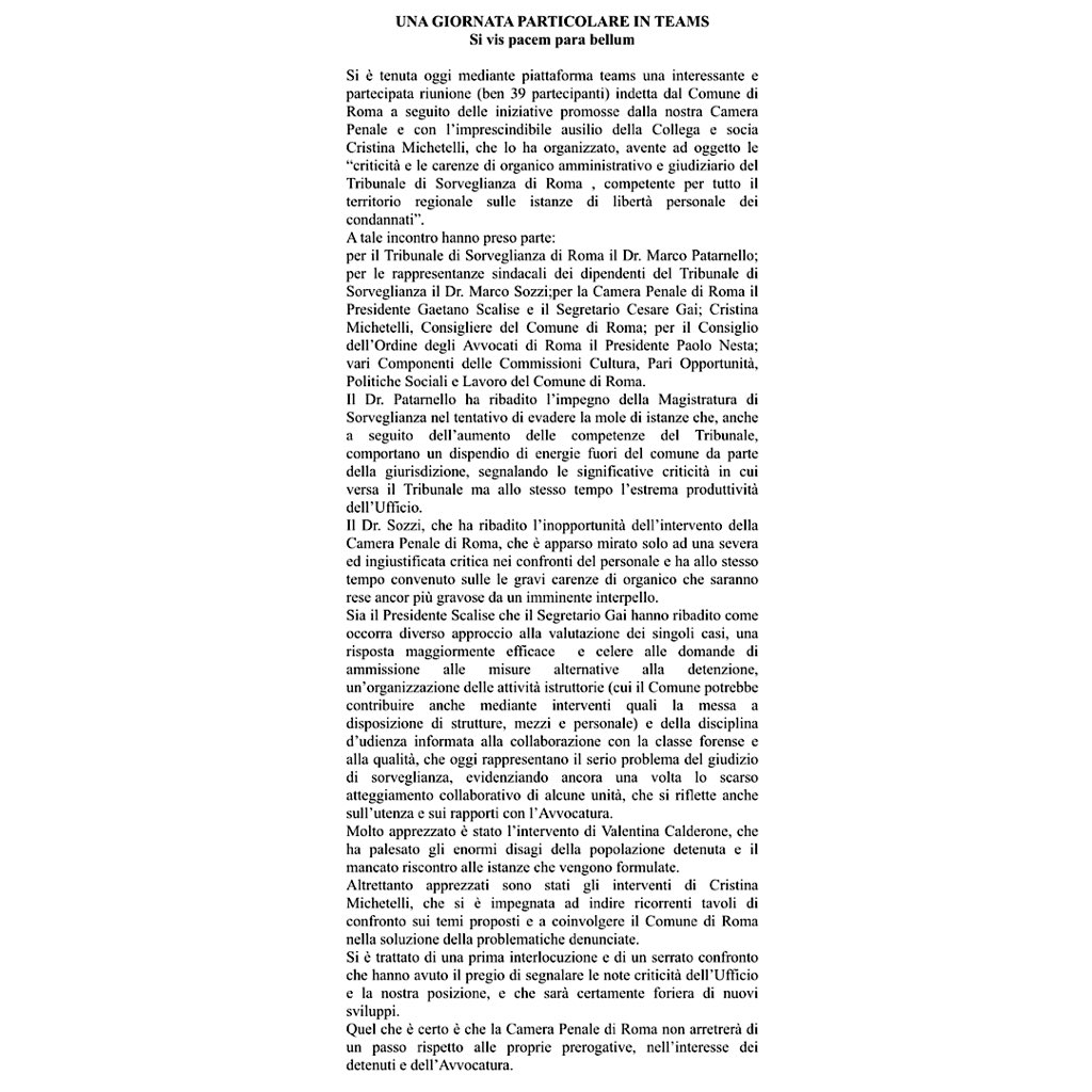 Si è tenuta ieri una partecipata riunione sulle “criticità e le carenze di organico amministrativo e giudiziario del Tribunale di Sorveglianza di Roma”, organizzata dal Comune grazie al prezioso contributo della socia e Collega Cristina Michetelli, consigliera comunale.