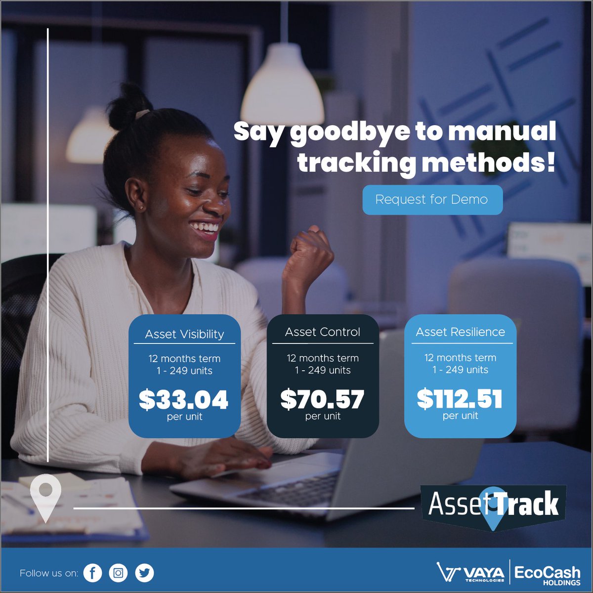 VayaServices's tweet photo. With Asset Track, you'll always know where it's at. Let's end the hide-and-seek game for good! Find the right package that suits your pocket.
For a quote or demo, please contact us on:
 assettrack@ecocashholdings.co.zw or call 077 222 2650
 #VayaServices#AssetTrack #Secure#Track https://t.co/GJwDVgzWcJ