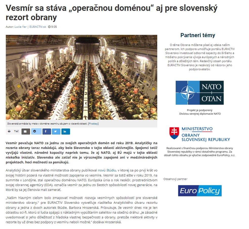 Excellent coverage of our analysis on space in the latest article by <a href="/euractivsk/">EURACTIV.sk</a>, including some of my insights on the topic. Kudos to <a href="/Lucia_Yar/">Lucia Yar</a> 

euractiv.sk/section/obrana…