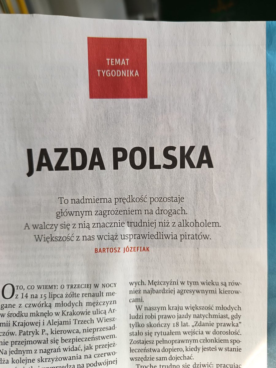 Bardzo dobry i ważny tekst z ostatniego numeru <a href="/tygodnik/">Tygodnik Powszechny</a>.

Czemu zapierd... traktujemy jako wyraz naszej wolności? Jak liczba radarów i zwiększenie wysokości mandatów przyczyniają się do zmniejszenia liczby śmiertelnych wypadków?

Na pewno sięgnę po książkę <a href="/JozefiakBartosz/">Bartosz Józefiak</a>