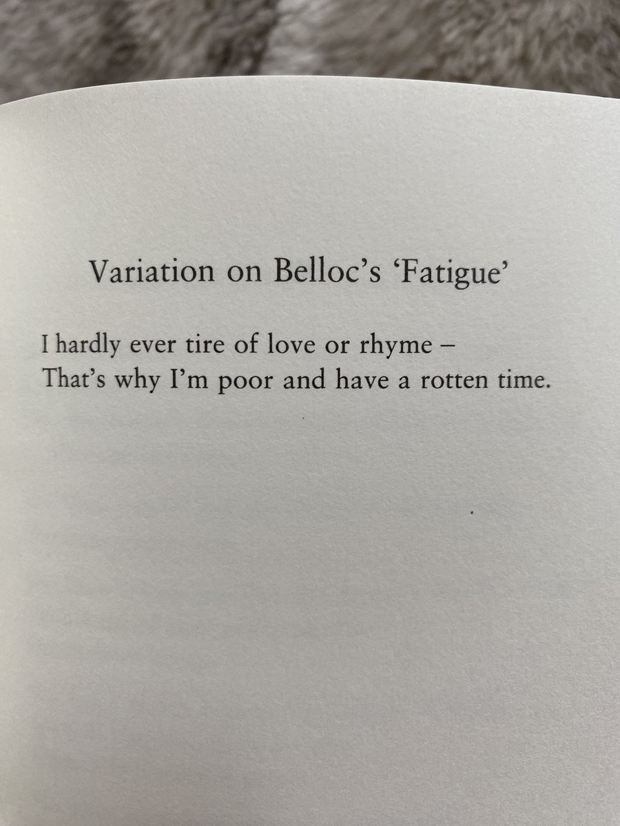 poemtoday's tweet photo. Variation on Belloc's "Fatigue"
I hardly ever tire of love or rhyme -
That's why I'm poor and have a rotten time.
Wendy Cope
Image courtesy @WriterACMcHugh https://t.co/FYLZFddkHk