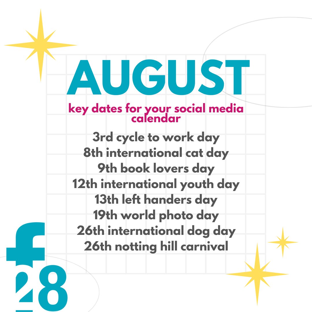 Happy August! ✨

What will you be celebrating this month? At Function28 we have compiled a list of key dates for your diary, so when you running low on social media content ideas here's your go-to list!

#smm
