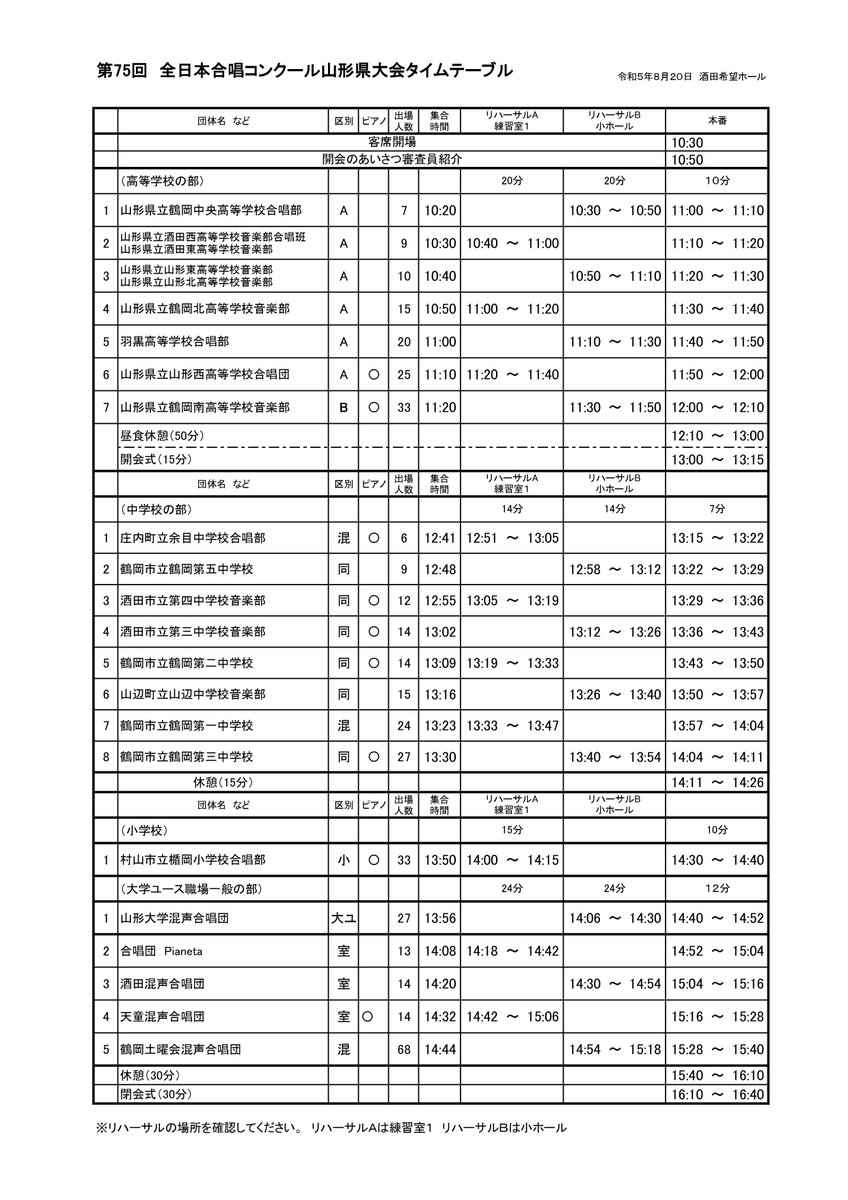 第75回全日本合唱コンクール山形県大会タイムテーブル