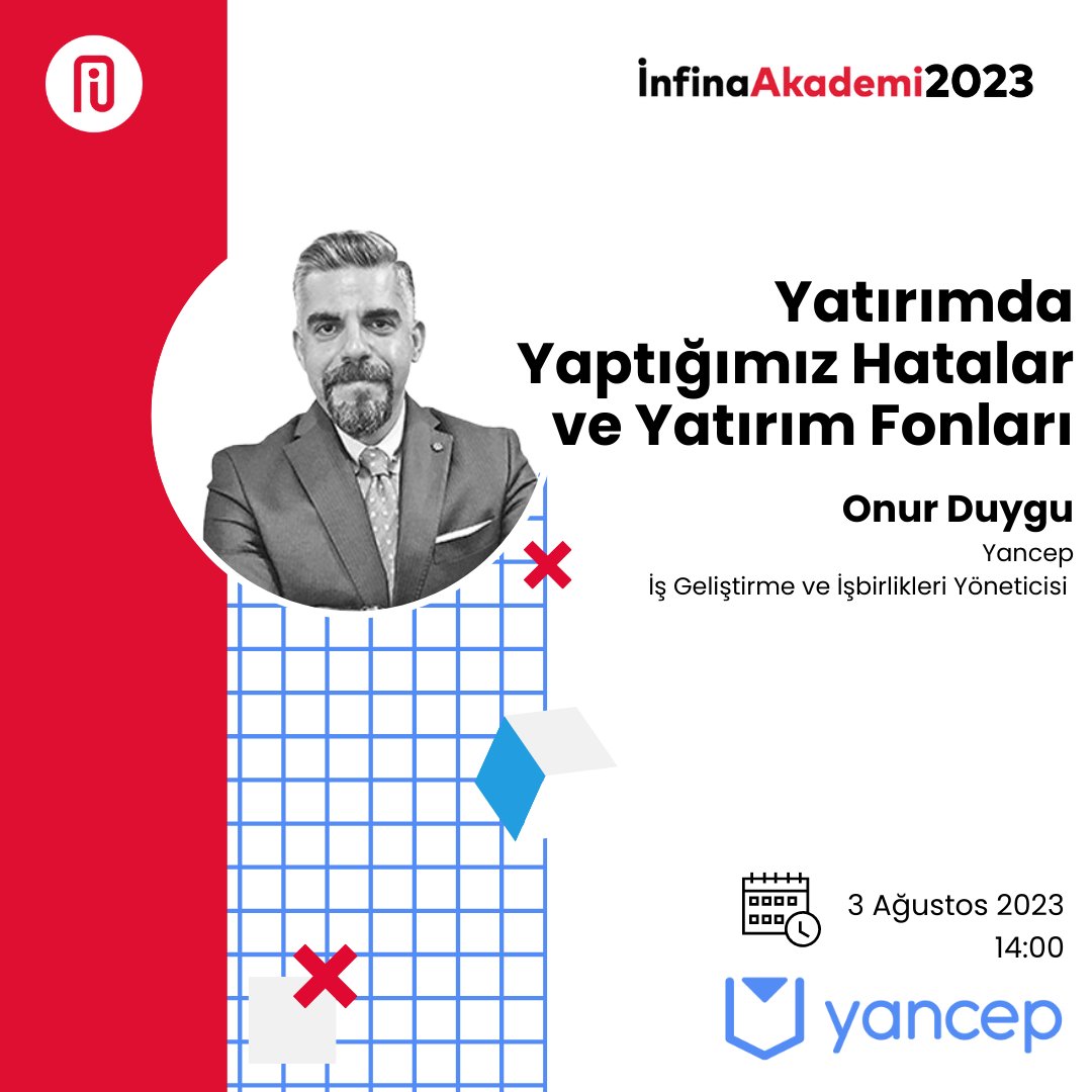 InfinaYazilim's tweet image. Yarın, @yancep_tr  İş Geliştirme ve İşbirlikleri Yöneticisi @eonurduygu  Akademi programımıza konuk olarak stajyerlerimize &quot;Yatırımda Yaptığımız Hatalar ve Yatırım Fonları&quot; başlığında konuşma gerçekleştirecek!

#stajprogramı #fonturkey #yancep #finans #yatırım #yatırımfonları