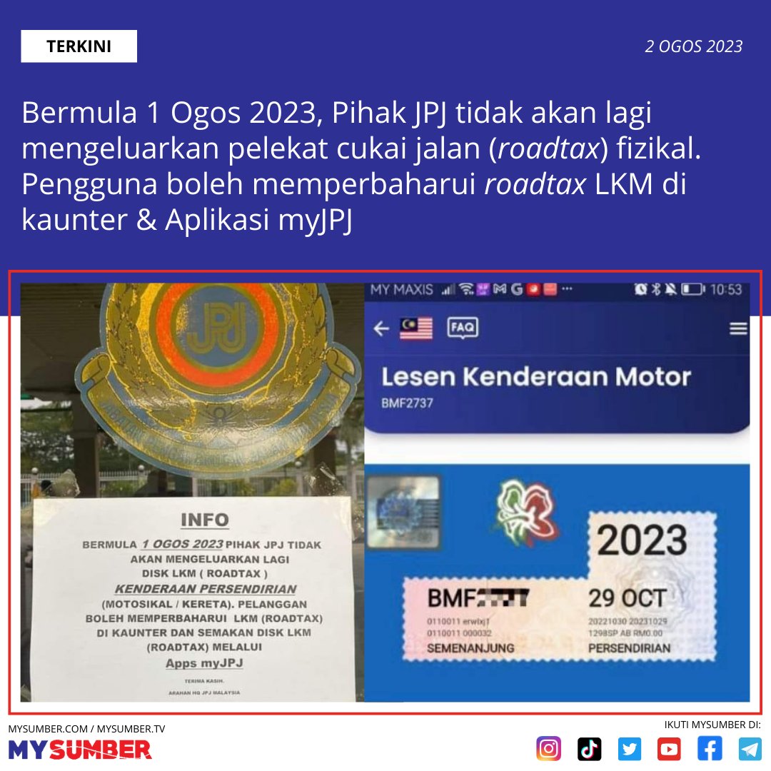 mysumber's tweet photo. TERKINI: Mulai 1 Ogos 2023, Pihak JPJ tidak akan lagi mengeluarkan pelekat cukai jalan (roadtax) fizikal bagi kenderaan persendirian. Pengguna boleh renew roadtax LKM di kaunter &amp; Aplikasi myJPJ

Akan dikemaskini di: https://t.co/43sNGN2AqD

Panduan renew: https://t.co/IUlMia6o36 https://t.co/vVrTGY8N4I