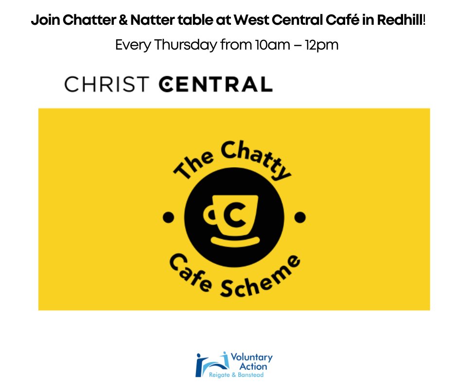 New Chatty Cafe Project takes place every Thursday 10 am – 12 pm at West Central Coffee Shop in Redhill! Enjoy! ow.ly/2r6i50PgZPs
#charitynews #ChattyCafe #ChristCentralRedhill #Redhill #mentalhealth #SurreyUK #ChattyCafeProject #WestCentraCoffee #VARB #ReigateBanstead