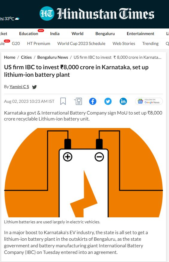 MBPatil's tweet photo. News reports about the ₹8000 Cr investment by #IBC (International Battery Company) in Karnataka.

https://t.co/knrbF5mcgo... https://t.co/dkyCf7tVEk