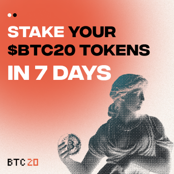 🚀Staking Countdown: 7 Days to Go!💰

Get ready to take your $BTC20 #Tokens to the next level! In just 7 days, you'll be able to stake your tokens and unlock exciting rewards through our staking mechanism.🌐

Don't miss this opportunity to be part of the #Staking revolution! 🎉