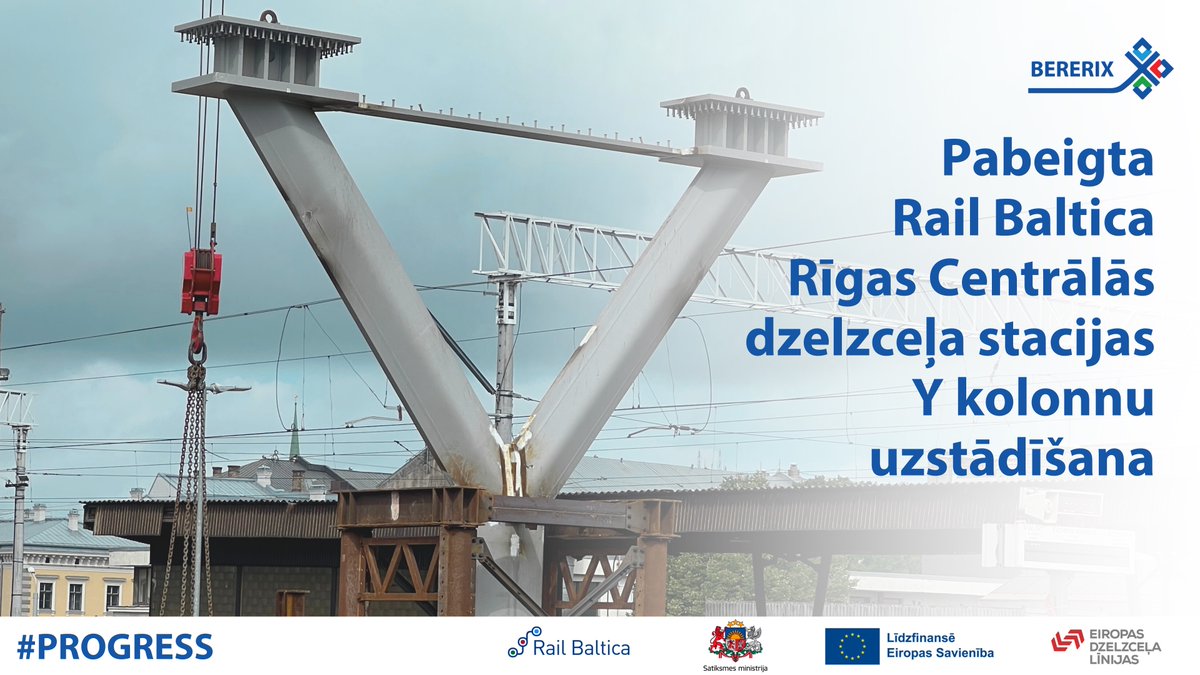 BERERIX's tweet photo. Šonedēļ #BERERIX pabeidzis Y tipa kolonnu montāžu @RailBaltica Rīgas Centrālās dzelzceļa stacijas zonā. Kopā uzstādītas 6 kolonnas, kas nākotnē balstīs stacijas uzgaidāmās zāles plātnes konstrukciju. Katra no kolonnām sver aptuveni 21 tonnu un ir 9 metrus augstas.
#Progress https://t.co/zpNxzZfNl9