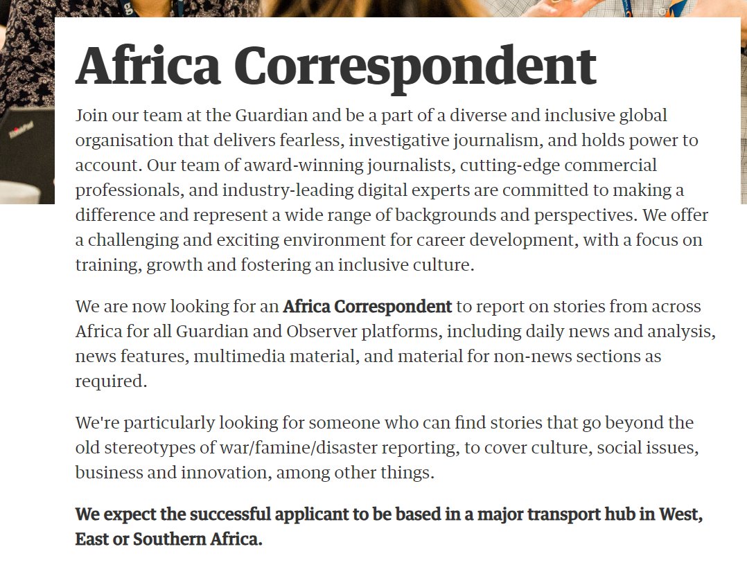 The <a href="/guardian/">The Guardian</a> recherche un correspondant pour l'Afrique.

Conditions : excellente connaissance &amp; compréhension des populations africaines, solide expérience du reportage &amp; dans la rédaction d'articles de fond. Délai : 4 septembre.

Détails en anglais ⬇️:

 buff.ly/3KeQMge