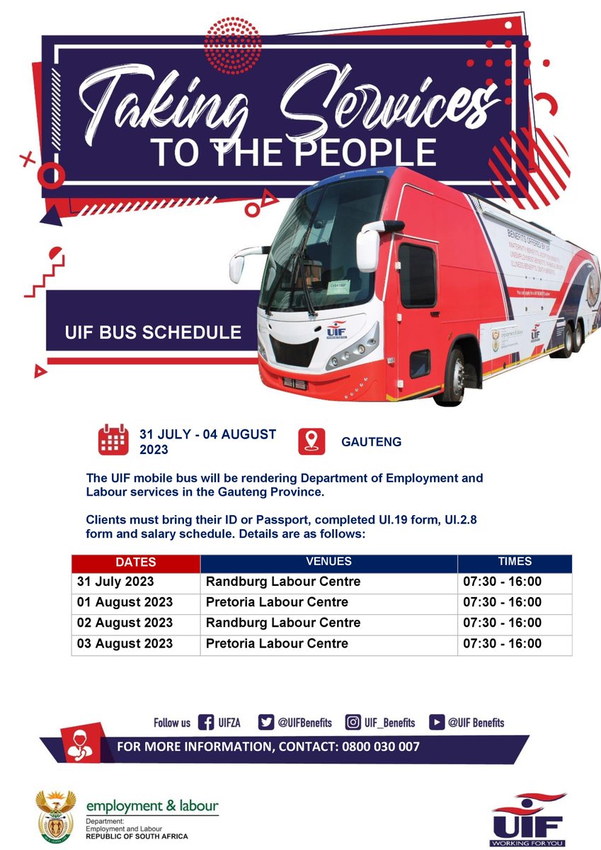 UIFBenefits's tweet photo. The #UIF bus will be rendering @deptoflabour services in the Gauteng, from 31 July - 03 August 2023, and North West province from 31 July - 04 August 2023.

#UIF 
#WorkingForYou https://t.co/fazZYXVeLw