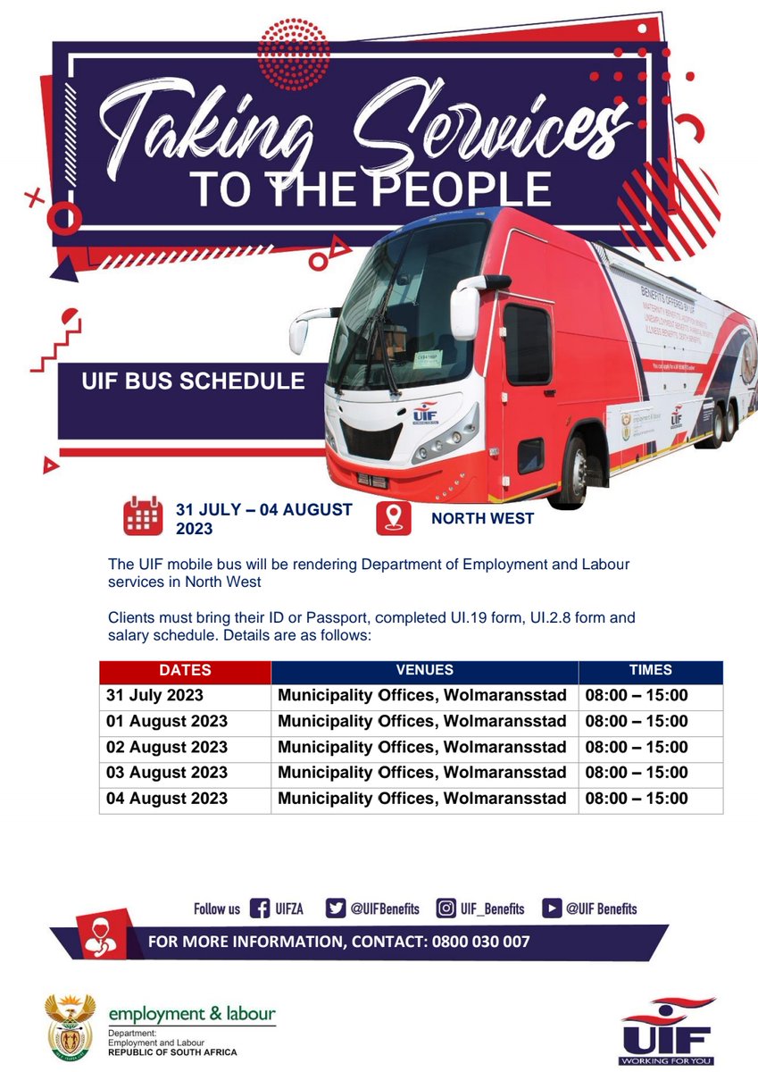 UIFBenefits's tweet photo. The #UIF bus will be rendering @deptoflabour services in the Gauteng, from 31 July - 03 August 2023, and North West province from 31 July - 04 August 2023.

#UIF 
#WorkingForYou https://t.co/fazZYXVeLw