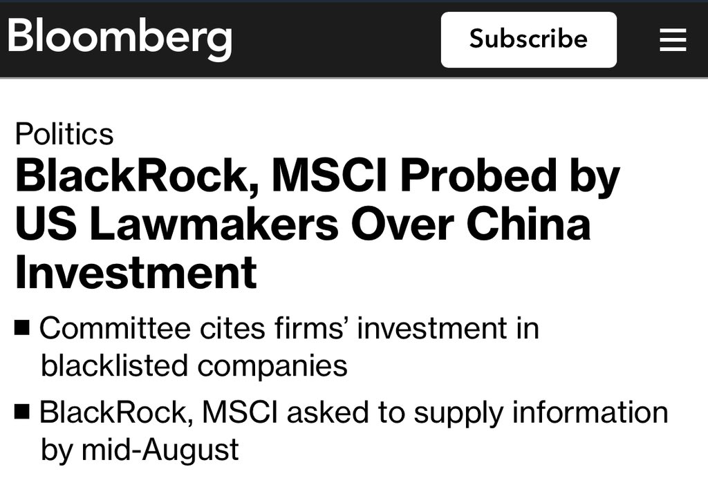 Ist das die Rache der US-Regierung an BlackRock wegen des #Bitcoin ETF Antrags?

Ein Ausschuss des US-Kongresses ermittelt gegen BlackRock und MSCI Inc., weil sie angeblich dazu beigetragen haben sollen, amerikanische Investitionen in chinesische Unternehmen zu erleichtern, die