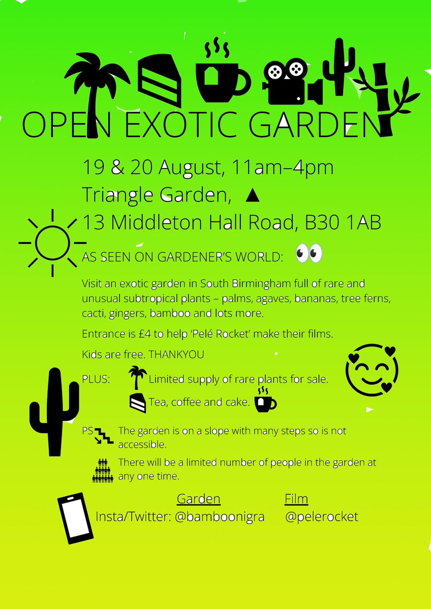 🌴🎋OPEN GARDEN 🌵🪷

It’s that time again, if you love unusual, subtropical, exotic, spiky plants displayed in unusual ways, come visit our Triangle Garden in South Birmingham 19 & 20 Aug 11-4pm. X @BambooNigra @redpwade #bbcgardenersworld #GardenersWorld