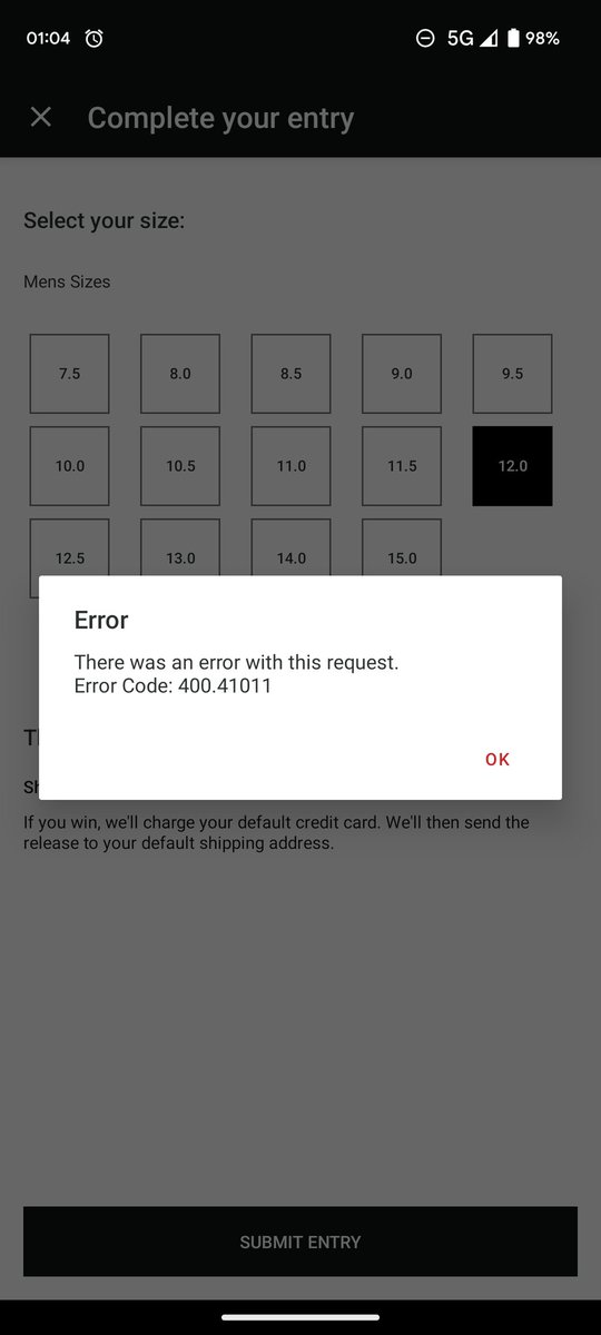 Biggs808's tweet photo. @footlocker Absolutely ridiculous! App is 🗑️🗑️🗑️Glad Im not the only one! DOES ANYONE ACTUALLY HAVE A SUCCESSFUL ENTRY??? I've spoken to about 10 ppl and NOBODY can enter! Absolute BS! Fix the damn app! https://t.co/B0lOofSVjv