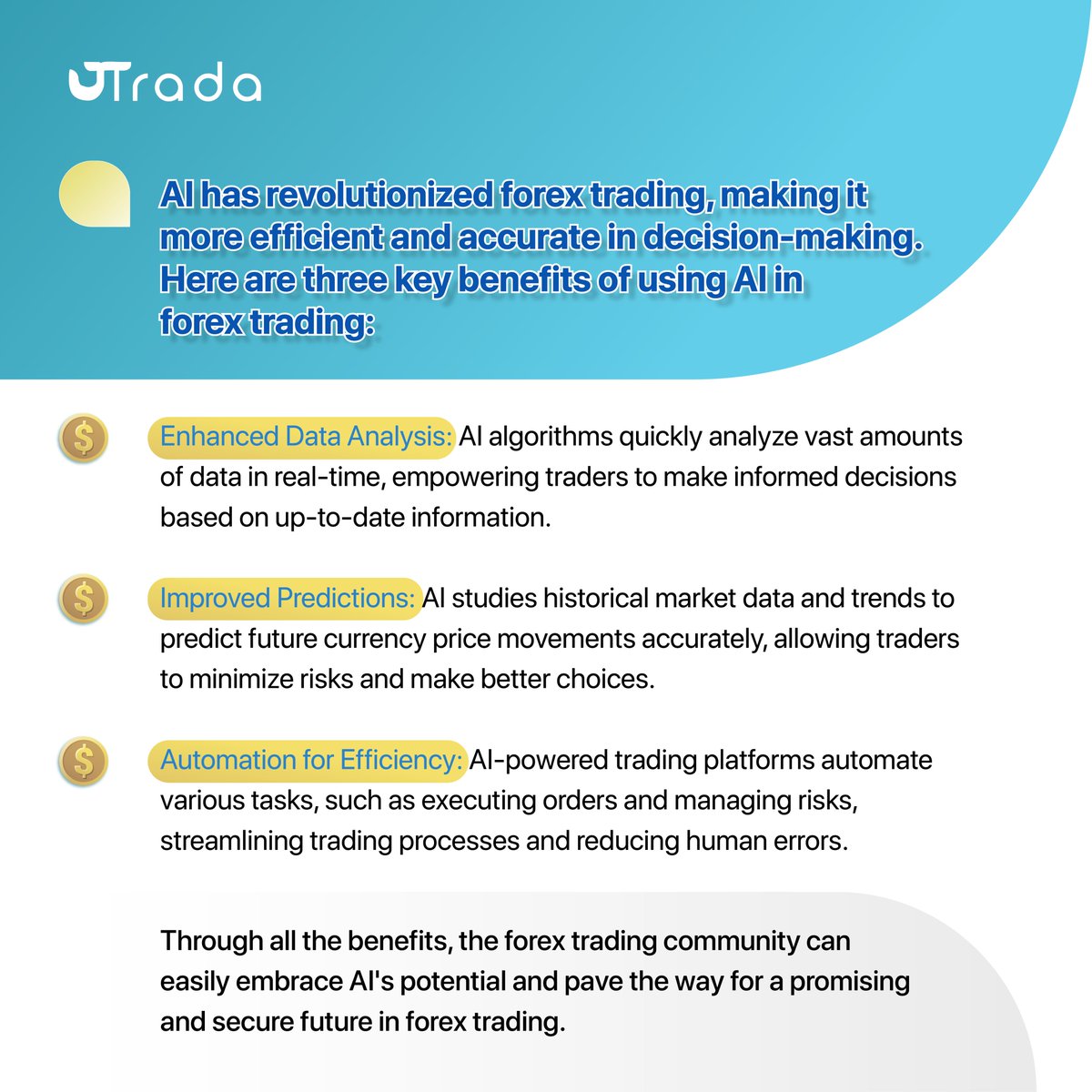tradeutrada's tweet photo. AI have so many benefits. Embracing AI-powered tools and strategies empowers traders to stay competitive and capitalize on new opportunities💪💼💰 https://t.co/F6jY9rqW4L