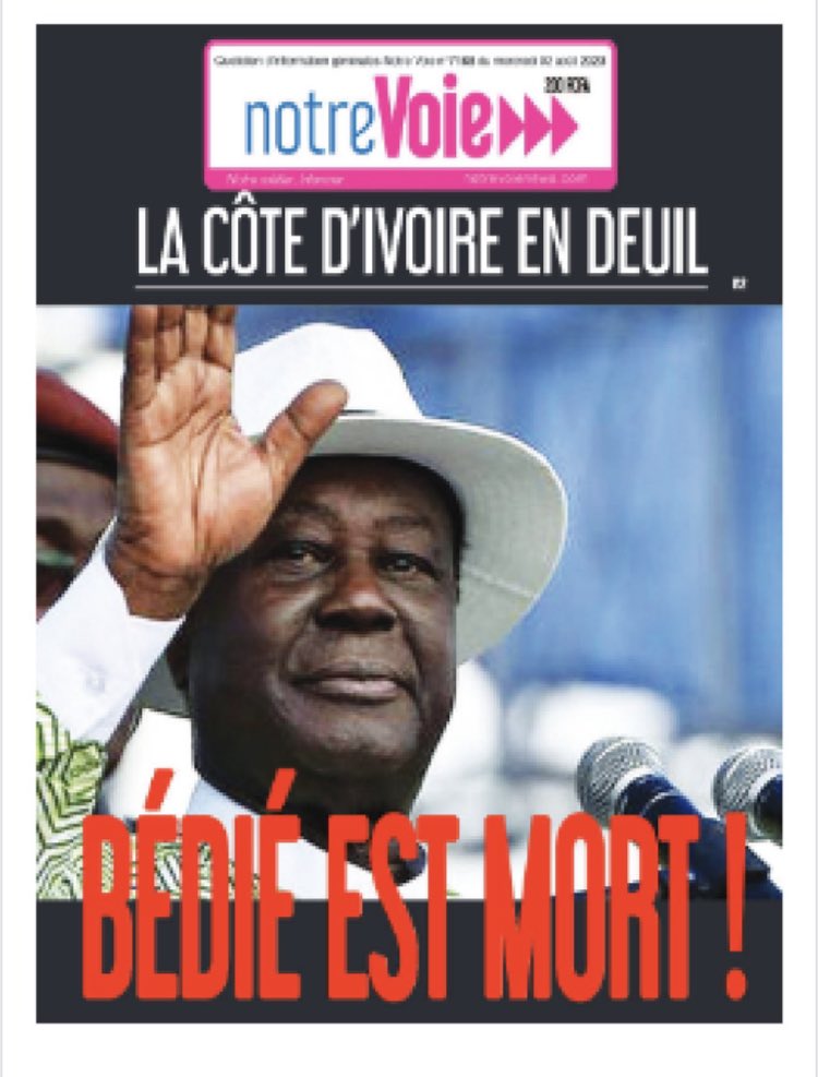 FlorenceRic's tweet photo. La disparition d’Henri Konan Bédié est un grand choc en Côte d’Ivoire. L’ancien président, monument de la politique ivoirienne, est mort hier à l’âge de 89 ans. Ce matin, l’ensemble de la presse lui rend hommage. #CIV225 #Bedie https://t.co/5pHxDHNQQs