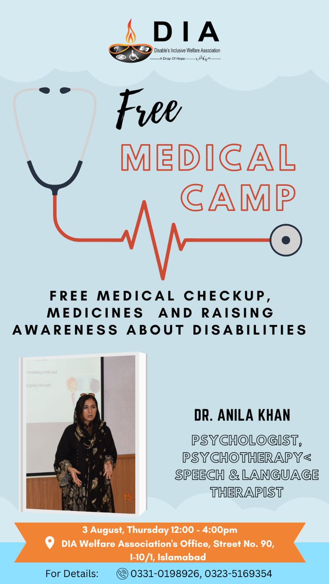 dranilakhan's tweet photo. Free Medical, Psychological first aid and Rehabilitation camp for Rawalpindi and Islamabad and near by area . Where our prime directive is to raise awareness about disability. Pls forward and share with parents who may need our help.
#dranilakhan #gapdas #Disabilityinpakistan https://t.co/IFYW0O12up