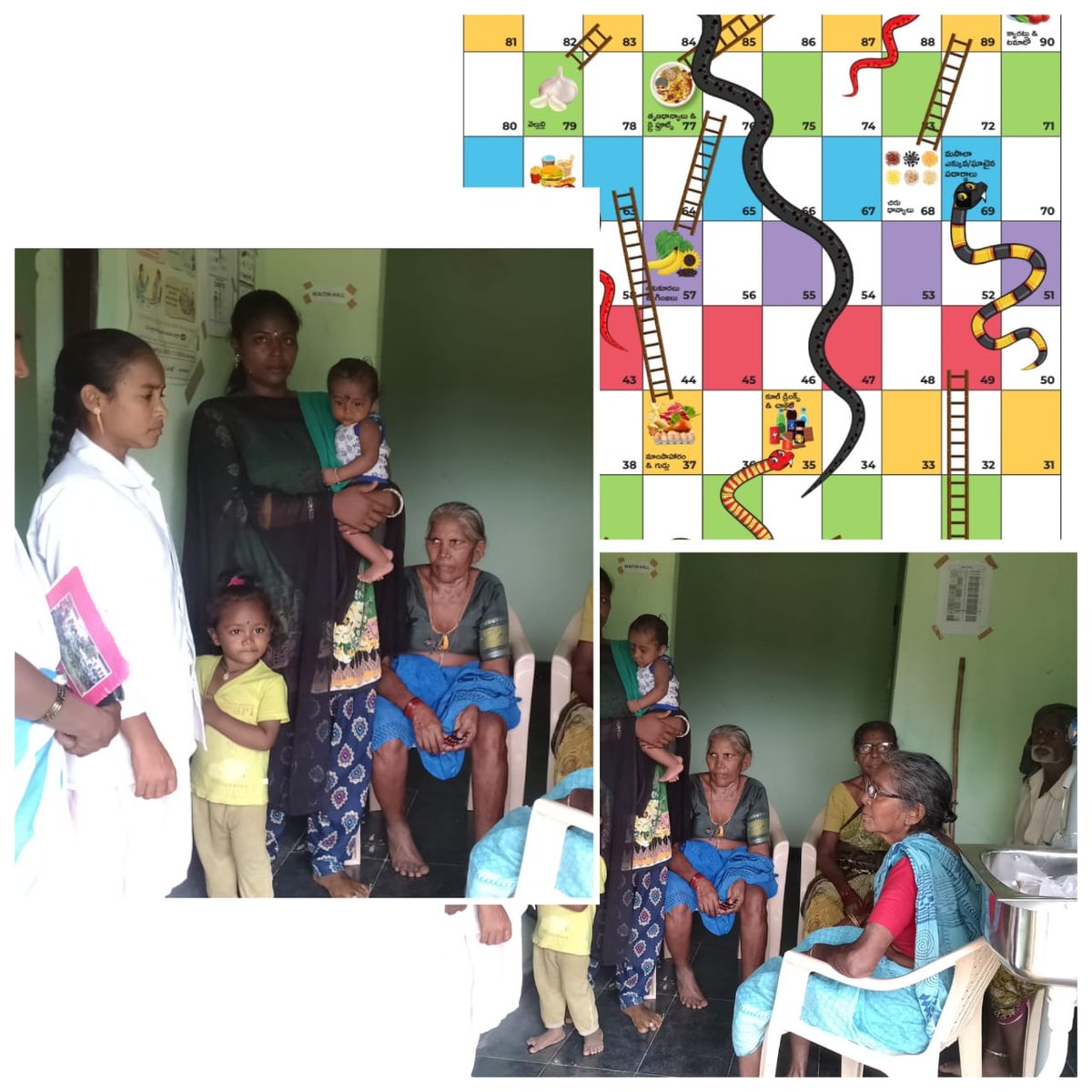 TbBhadrachalam's tweet photo. Sir #nikshayadiwas due to be held on 24th July is being celebrated in #TUManuguru today due to floods. #TBpatients and their family members were made aware of the importance of #Nutritionfood by playing #snakeladder game. and conducted TB awareness and ACF camp at GP level. https://t.co/L29V7nj6rY