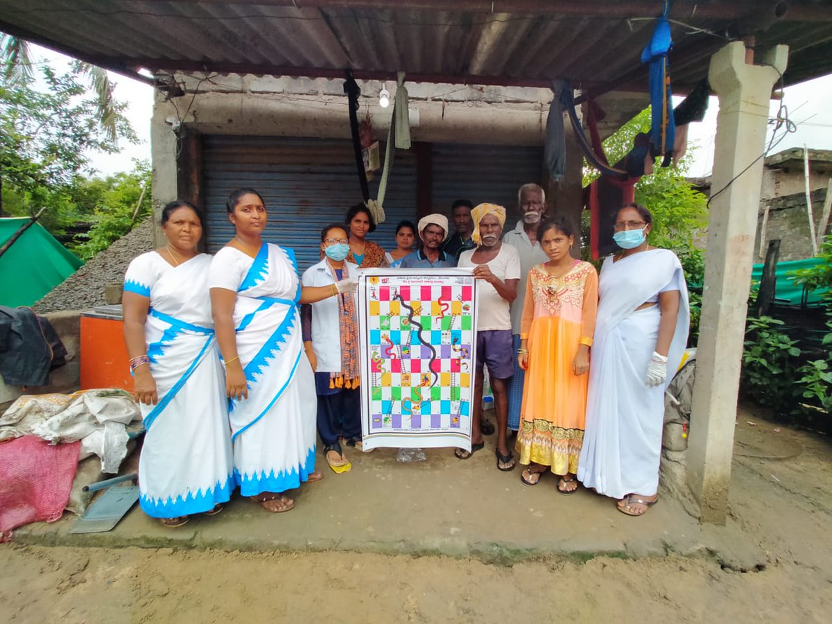 TbBhadrachalam's tweet photo. Sir #nikshayadiwas due to be held on 24th July is being celebrated in #TUManuguru today due to floods. #TBpatients and their family members were made aware of the importance of #Nutritionfood by playing #snakeladder game. and conducted TB awareness and ACF camp at GP level. https://t.co/L29V7nj6rY
