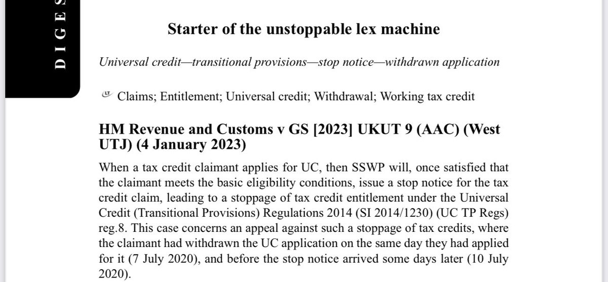 So *what else* would you call a digest of the case that ruled it is impossible to prevent tax credits stopping once UC has been claimed, even if that claim is withdrawn the same day?