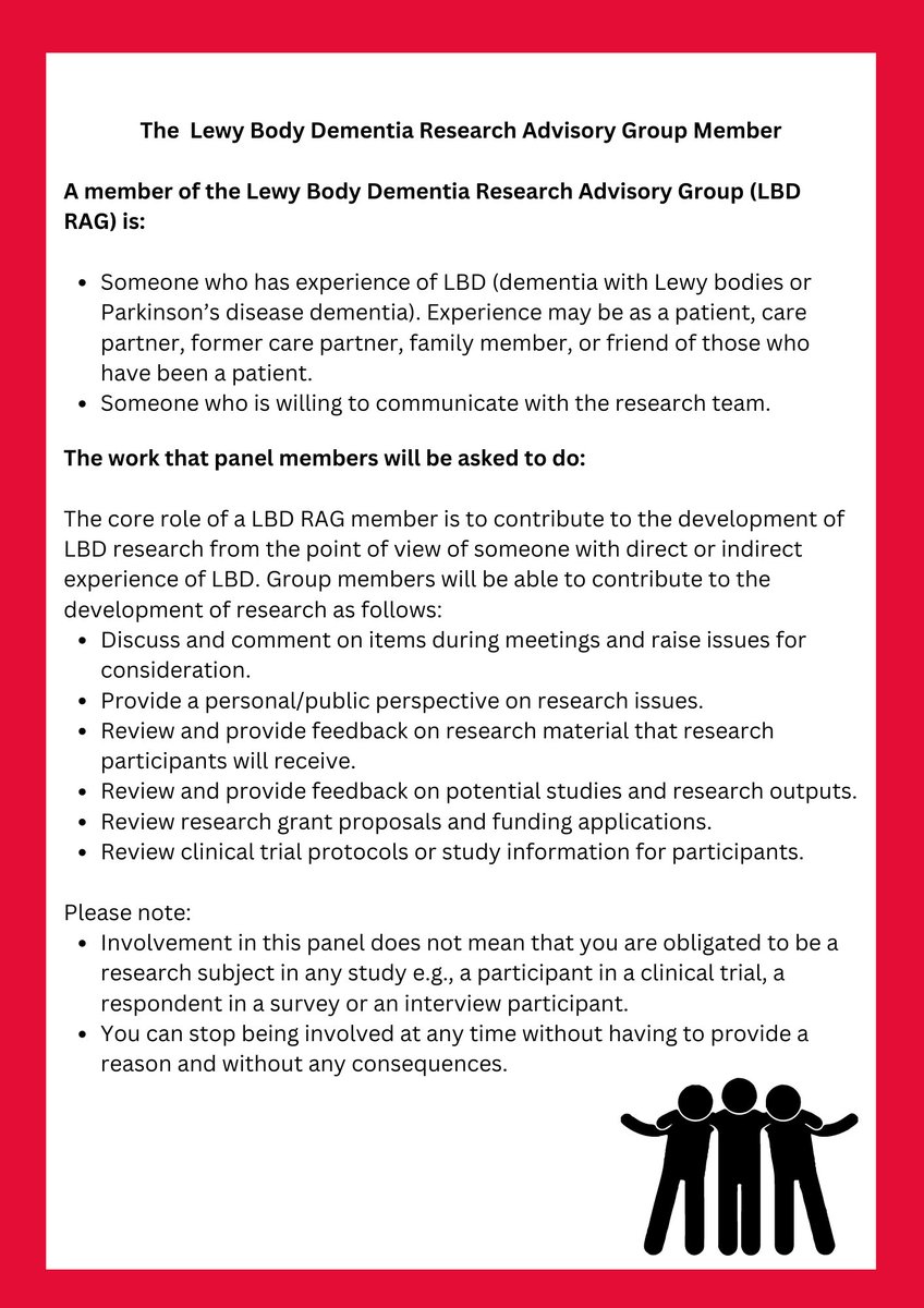 ✨GET INVOLVED: We are looking for people affected by Lewy body dementia to join our research advisory group. If this sounds interesting to you, we'd love to hear from you!

First meeting at the Centre for Public Health, Queen's University Belfast, on Mon 4th September.