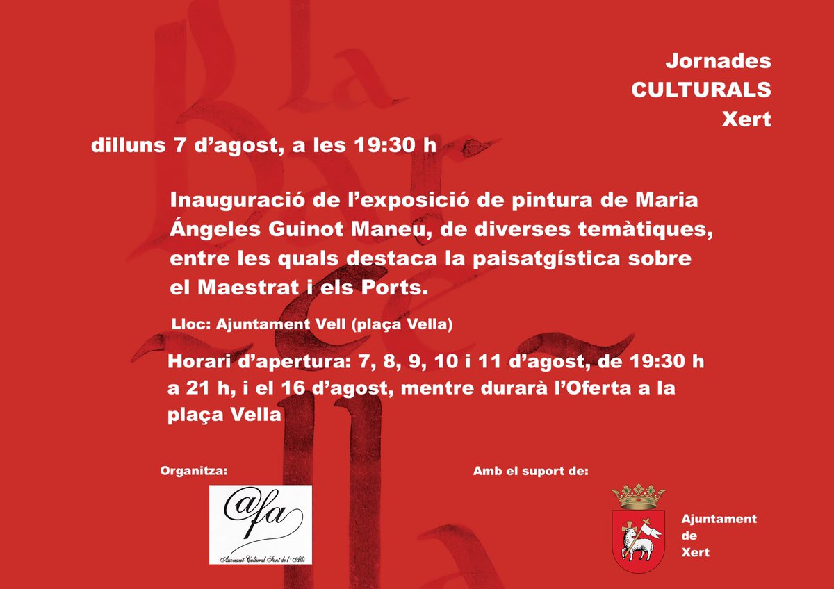 Dilluns 7 d’agost inaugurarem l’exposició de pintura de Ma Ángeles Guinot Maneu. 👇🏼👇🏼 Consulteu les dates d’apertura de l’exposició.
