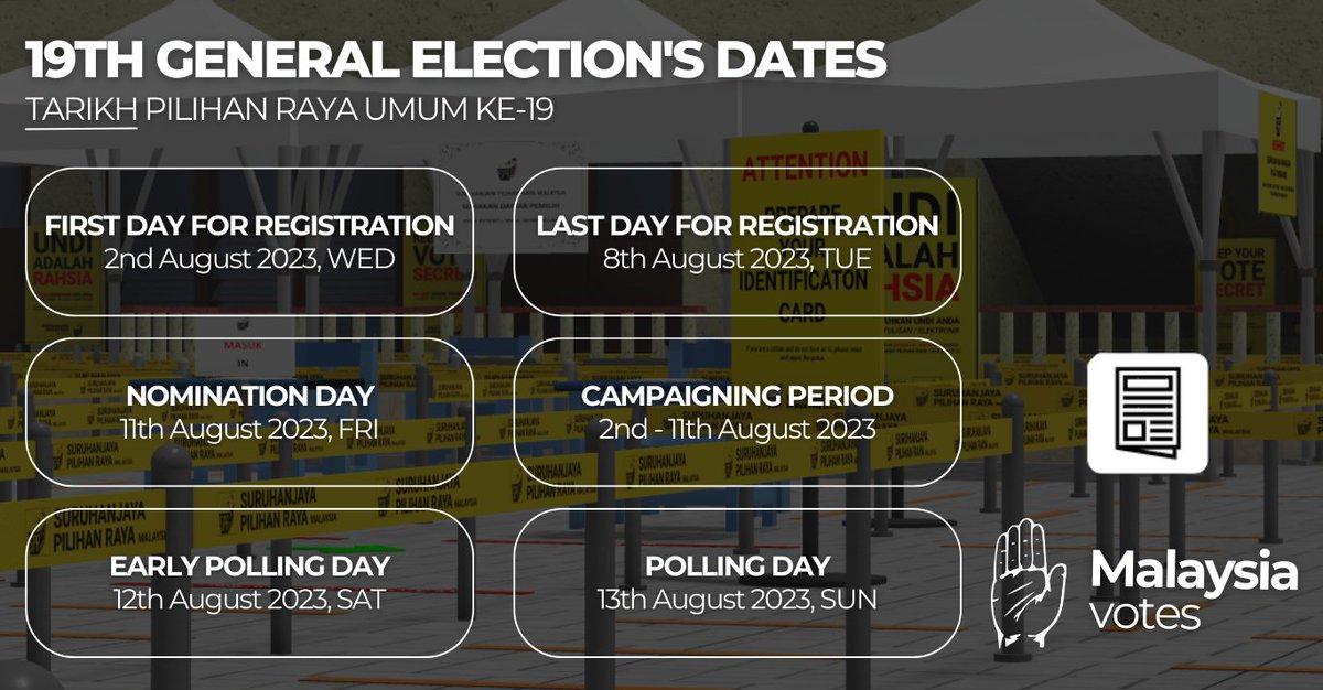 Cemerlang_MYS's tweet photo. Breaking News - Malaysiavotes 
Wednesday, 2nd of August 2023 

Kuala Lumpur — The Election Commission, or the Suruhanjaya Pilihan Raya, has released the calendar for the upcoming 19th General Election. https://t.co/MkOwMtcUe1