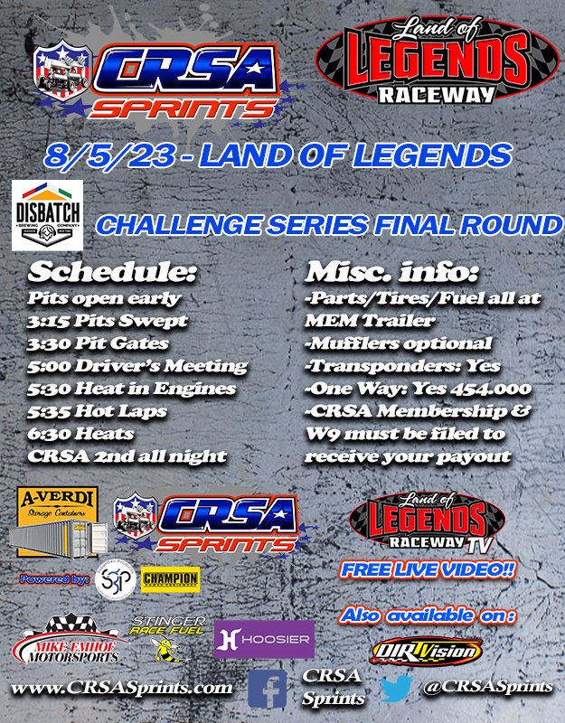 CRSA Sprints (@crsasprints) on Twitter photo Some event information for the last round of the DisBatch Brewing Company Challenge Series coming up Saturday night at <a href="/LandofLegendsNY/">Land Of Legends Raceway</a>. We are slated to be second all night plus we will be featured live on their LOLR TV and on <a href="/dirtvision/">DIRTVision</a> coverage. See you there! Some event information for the last round of the DisBatch Brewing Company Challenge Series coming up Saturday night at <a href="/LandofLegendsNY/">Land Of Legends Raceway</a>. We are slated to be second all night plus we will be featured live on their LOLR TV and on <a href="/dirtvision/">DIRTVision</a> coverage. See you there!