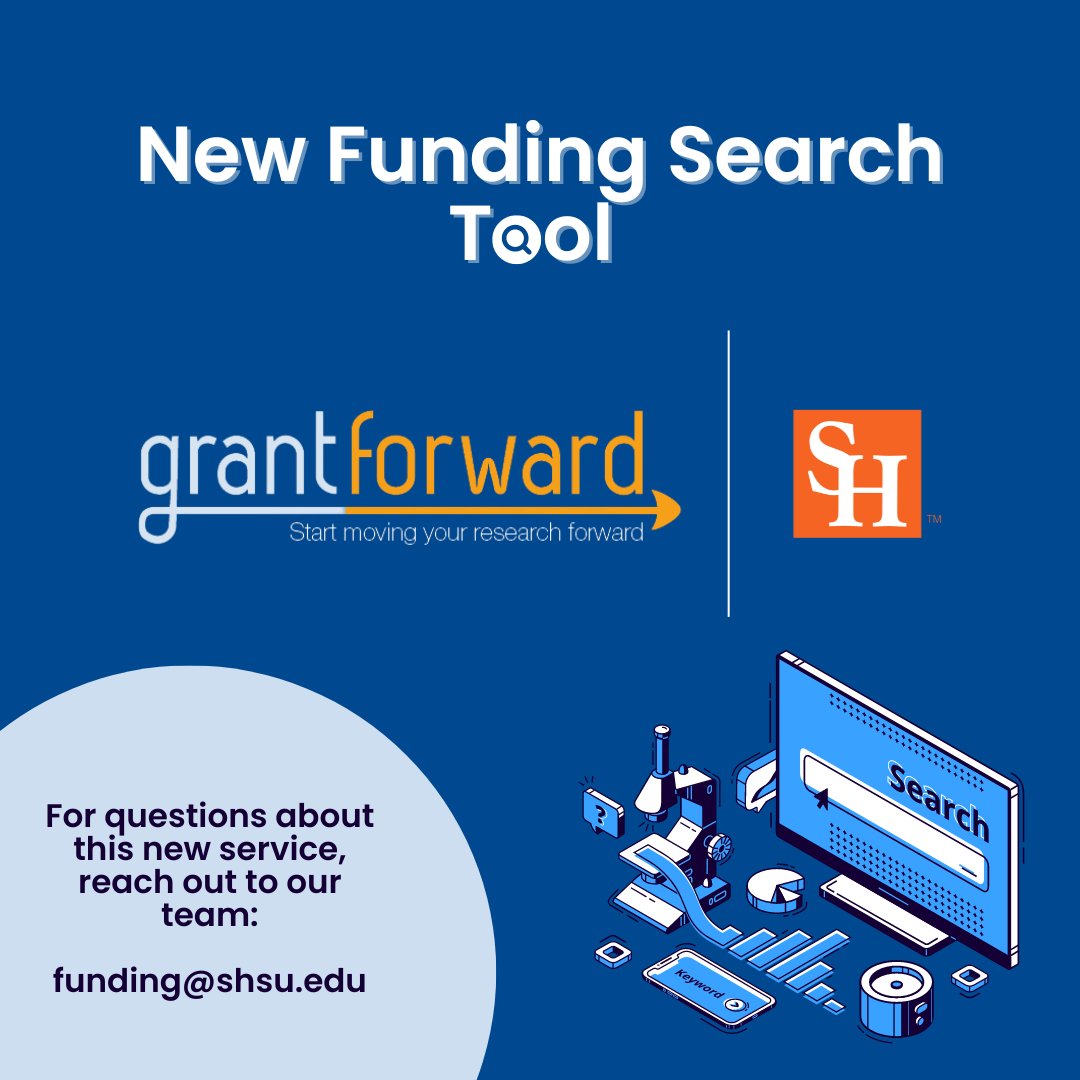 ORSP_SHSU's tweet photo. SHSU is now using GrantForward as our new funding search platform.

To get you started, we have created an account for you. Visit https://t.co/NYyuC0i4ZQ and sign in using your SHSU credentials. You can customize your profile to start receiving relevant funding opportunities! https://t.co/uVHUjYk240