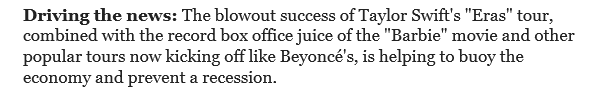 davidsalky's tweet photo. We're really living in a world where our economy is fueled by #TaylorSwift #Barbie and #Beyoncé 🧐 https://t.co/qiayk7BAlH