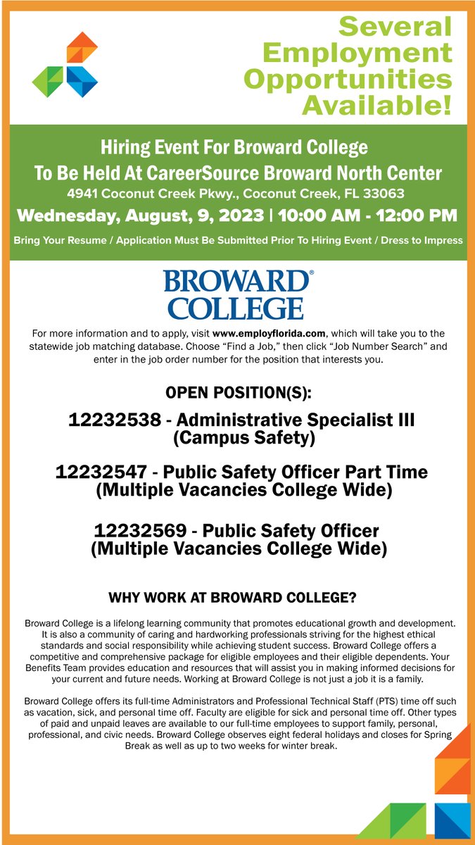 CareerSourceBD's tweet photo. #JobAlert
#TOMORROW 
#August9

Broward College is hiring:

- Administrative Specialist III
- Public Safety Officer Part Time
- Public Safety Officer

*When: August 9 | 10 am
*Where: 4941 Coconut Creek Pkwy., Coconut Creek, FL 33063

#Jobs #Broward https://t.co/ZcGsC0RhCt
