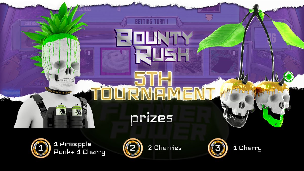 🚨ATTENTION #ICPeople! A new #BountyRush tournament has arrived! Join us to celebrate Flower Power DAO 🎉 Show off your skills and dominate the leaderboard! ☄️

Prizes🏆
1st place: 1 Pineapple Punk + 1 Cherry  
2nd place: 2 Cherries  
3rd place: 1 Cherry