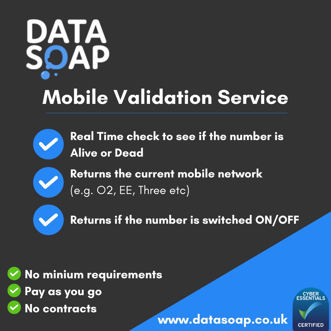 Data_Soap's tweet image. Are you looking for a reliable and efficient way to validate mobile numbers? Here's why we are the go-to solution for all your mobile validation needs:
🎯 No Minimum Requirements
💸 Pay As You Go
📝 No Contracts
Discover more 👉 datasoap.co.uk