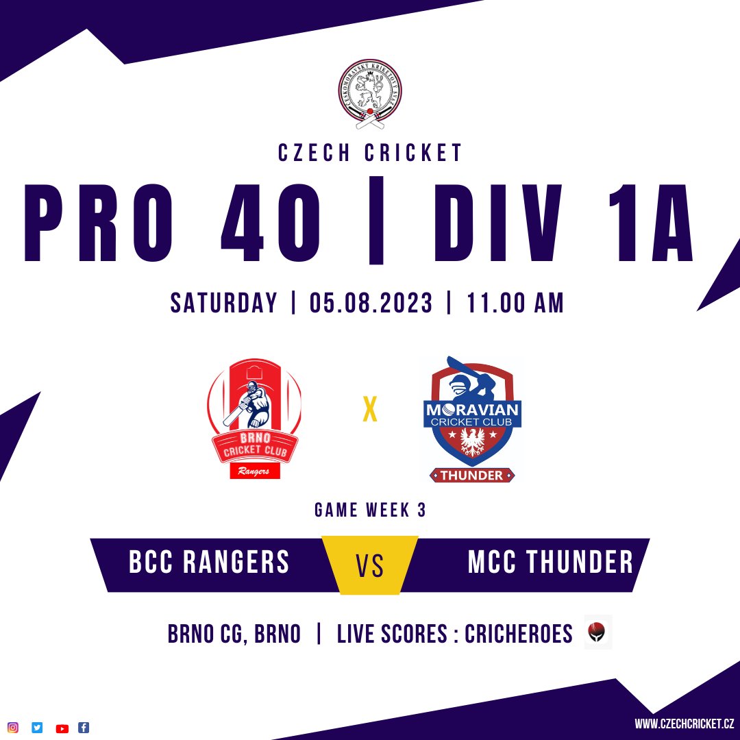 CzechCricket's tweet photo. Here are the Pro40 Fixtures for the weekend :

Saturday, August 5th:
🕚 11am - Division 2B:
🏏 Spartans2 vs. Tigers 🐯
🏟️ Vinor, Banks Field

🕚 11am - Division 1A:
🏏 Brno CC1 vs. Moravian CC1 🌟
🏟️ Brno CG

🕚 11am - Division 2B:
🏏 PBCC2 vs. Plzen 🦁
🏟️ Velvary CG https://t.co/90m5XgMol7