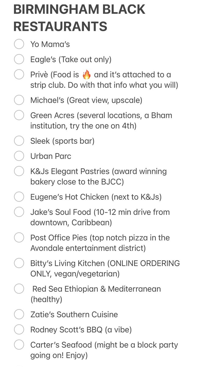 FunnyMaine's tweet image. If you’re in Birmingham for #NABJ and looking for black-owned restaurants, here ya go! 🍱 (These are some of my favs, but I’ll try to add more to the thread + food trucks and bars soon)