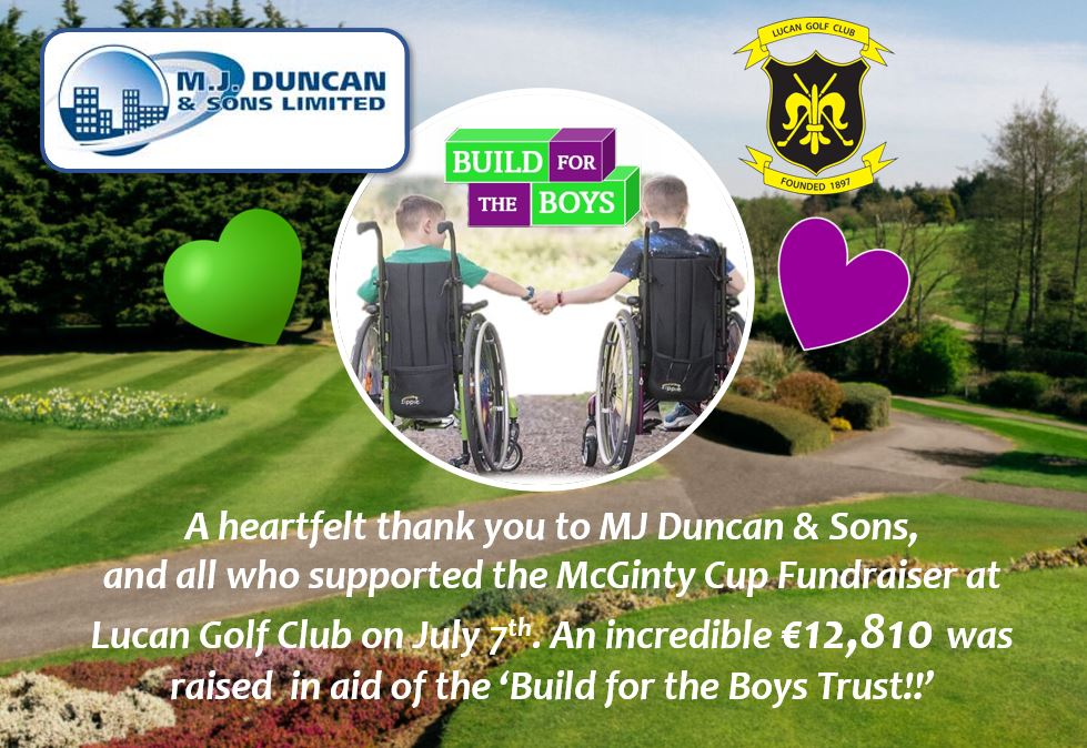 buildfortheboys's tweet photo. We are so grateful to Rachel &amp; Mick of MJ Duncan &amp; Sons Ltd, and to all of you who supported the McGinty Cup Fundraiser last month- kindly hosted by LucanGolf Club. An amazing €12,810 was raised in aid of the 'Build for the Boys Trust'!!💜💚
#duchenneawareness
#buildfortheboys https://t.co/g3wZ76wOev