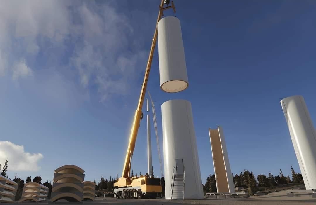 SolarInMASS's tweet photo. This is the world's tallest (105 meter) *wooden* wind turbine base - 2 MW of capacity - that was recently constructed in Sweden. Atop the unit is a standard Vestas turbine and blades. https://t.co/lO7npqgaOz