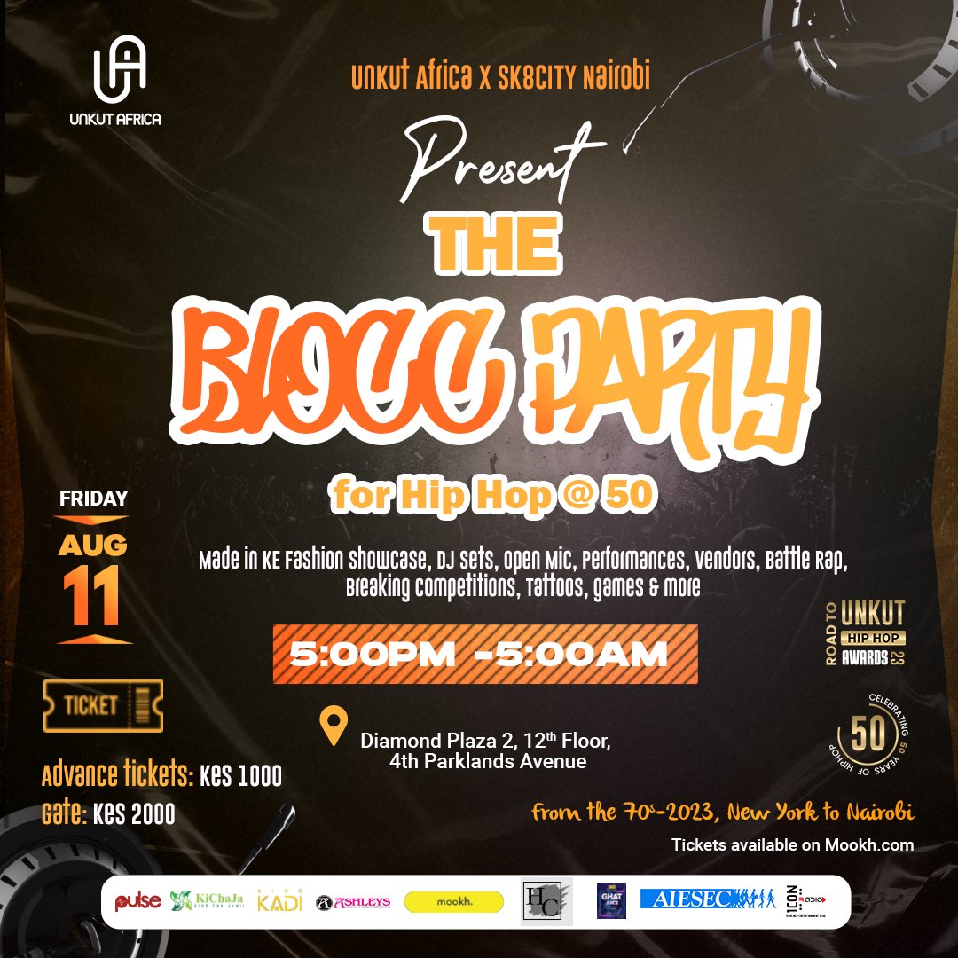 Come hang out with fellow HipHop heads next Friday as we celebrate 50 years of Hip Hop. You know it's only a party if it's an UnKut party .Come enjoy and have an HipHop experience , from New York, to Nairobi. 
Get your tickets mookh.com/event/the-bloc… #RoadToUHHA23