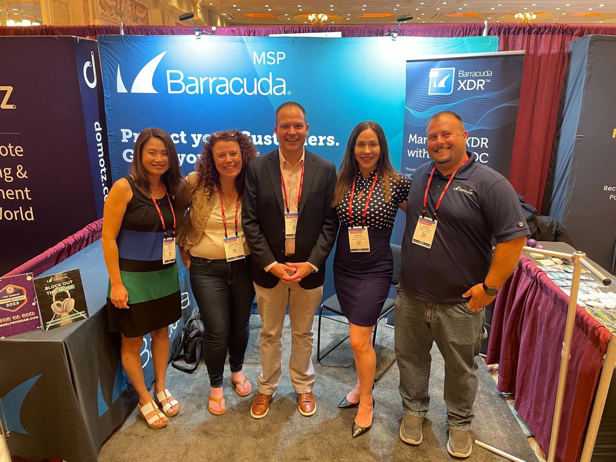 BarracudaMSP's tweet photo. Things have kicked off at #ChannelCon! After a fun first day, we're ready for day 2. Stop by booth #321 to discover how Barracuda #MSP can help you accelerate your business and meet with the team: Neal Bradbury, Mandy, Rob, Suzanne, and Doris.
#MSPs #LasVegas #ChannelCon2023 https://t.co/OUvn7YObMZ