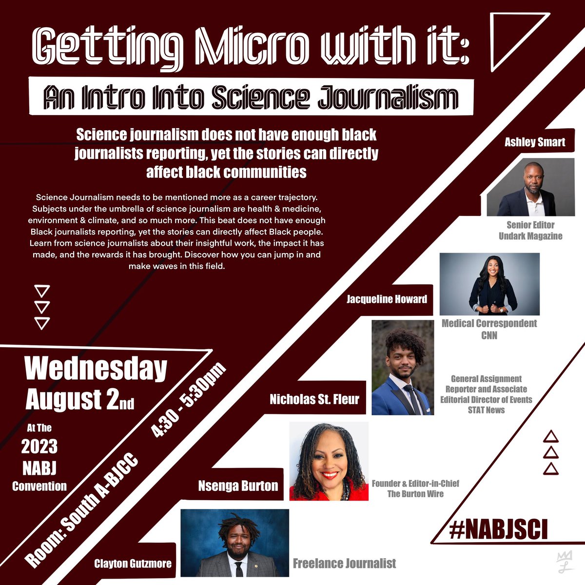 🗣️ TODAY IS THE DAY!!!! Me @ashleythesmart @JacqEHoward @Ntellectual and @SciFleur gathering for panel on how to get into Science Journalism. If you’re in Birmingham for #nabj23 join us in South A this afternoon.