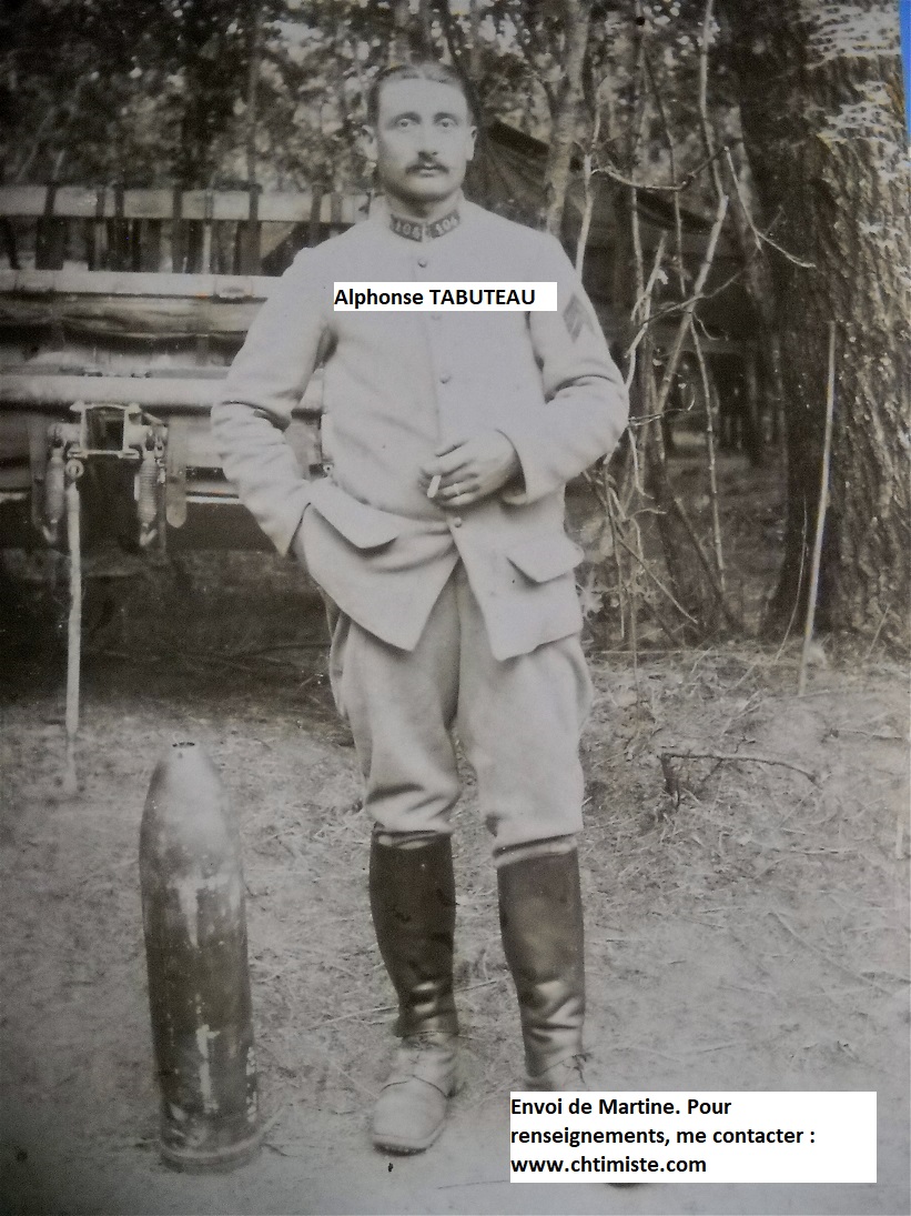 Le_Chtimiste's tweet photo. Alphonse TABUTEAU (classe 1914, né à Bussières-Poitevin Haute-Vienne) au 30e régiment d’artillerie de campagne, puis au 104e régiment d’artillerie lourde, puis détaché au chemins de fer en 1918. Blessé en juin 1918. Merci à Martine- #104eRAL #Chtimiste https://t.co/1kaTUyfxje