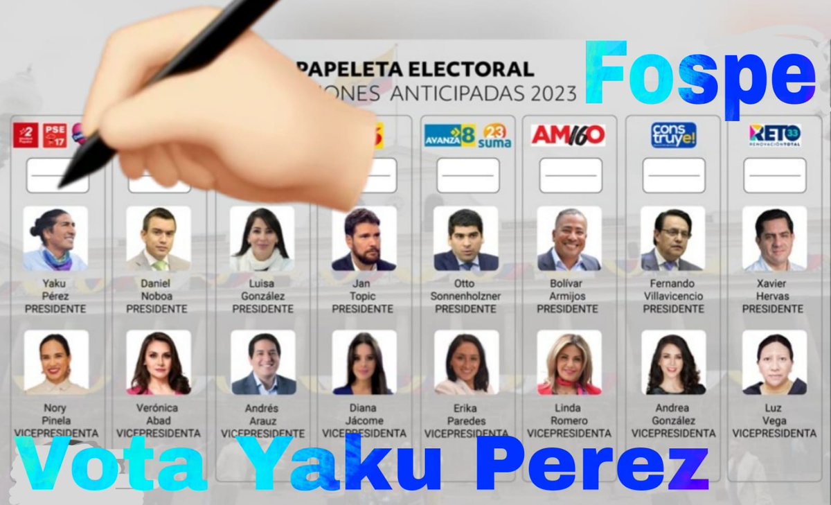 FRENTE DE ORGANIZACIONES SOCIALES DEL ECUADOR (@fospeecu) on Twitter photo Nuestro Voto por el Candidato Dr. YAKU PÉREZ.
VOTA Por YAKU.
Fospe <a href="/ingcarlosville1/">Ing. Carlos Villegas</a> <a href="/yakuperezg/">Yaku Pérez Guartambel</a> <a href="/NoryPinela/">Nory Pinela</a> <a href="/somosaguaazuay/">somosaguaazuay</a> <a href="/SomosAguaEcu/">Somos Agua</a> <a href="/BrunoSegoviaEc/">Bruno Segovia</a> <a href="/geovanni_atari/">Geovanni Atarihuana</a> <a href="/galocabanillaec/">Galo Cabanilla</a> <a href="/GorkiAguirreT/">Gorki Aguirre T.</a> <a href="/ArawiRuiz/">Arawi Ruiz</a> Nuestro Voto por el Candidato Dr. YAKU PÉREZ.
VOTA Por YAKU.
Fospe <a href="/ingcarlosville1/">Ing. Carlos Villegas</a> <a href="/yakuperezg/">Yaku Pérez Guartambel</a> <a href="/NoryPinela/">Nory Pinela</a> <a href="/somosaguaazuay/">somosaguaazuay</a> <a href="/SomosAguaEcu/">Somos Agua</a> <a href="/BrunoSegoviaEc/">Bruno Segovia</a> <a href="/geovanni_atari/">Geovanni Atarihuana</a> <a href="/galocabanillaec/">Galo Cabanilla</a> <a href="/GorkiAguirreT/">Gorki Aguirre T.</a> <a href="/ArawiRuiz/">Arawi Ruiz</a>