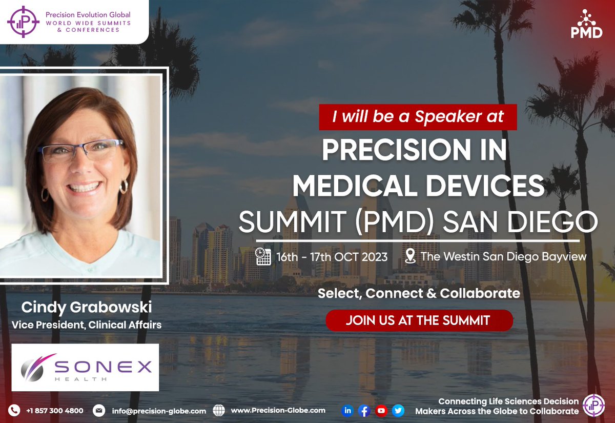 PrecisionEvolu1's tweet photo. We are pleased to welcome Cindy Grabowski of @SonexHealth to the #PMDSummit in #SanDiego

#MedicalDevices #AI #ML #Data #MedTech #Learning #Events #California #Engineering #ClinicalTrials #RegulatoryAffairs https://t.co/JEgKxJfgV2
