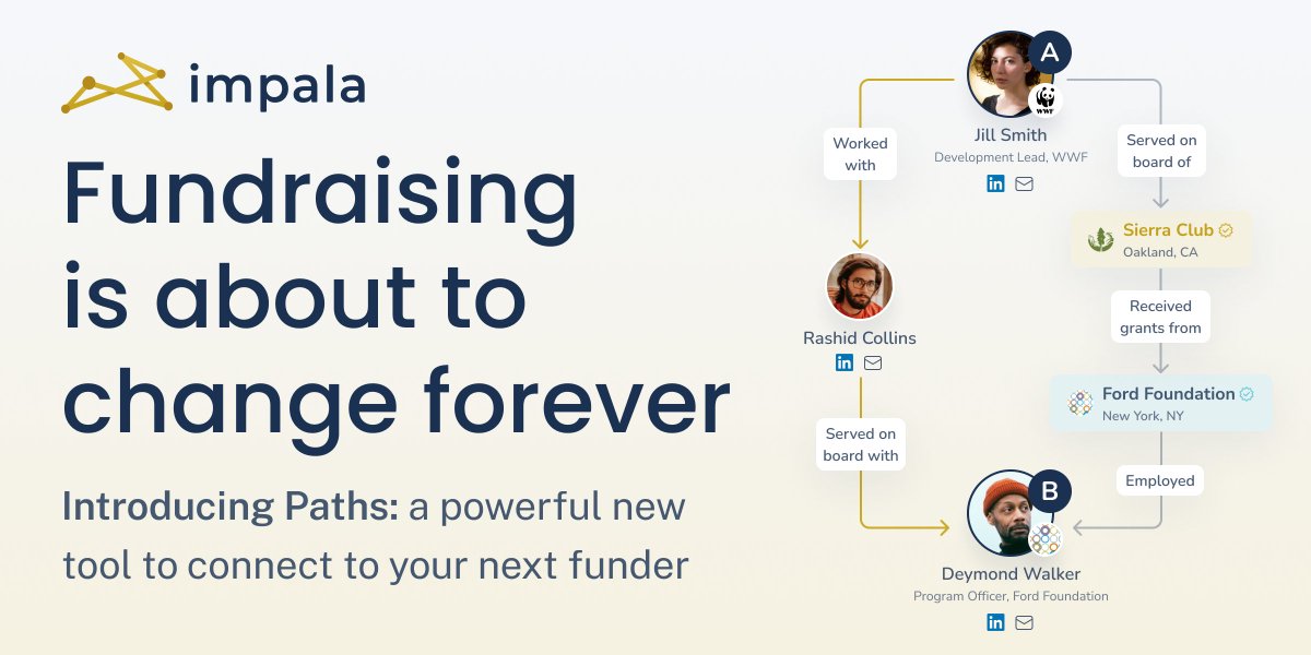 Curious about AI in philanthropy? Join us &amp; @tagtechorg on 8/22: hubs.li/Q01ZMwc10

We're previewing our new product, #Paths. It shows how you're connected to any person or org in philanthropy + how to reach them (30m+ contact details!)

Learn more: hubs.li/Q01ZMxPX0