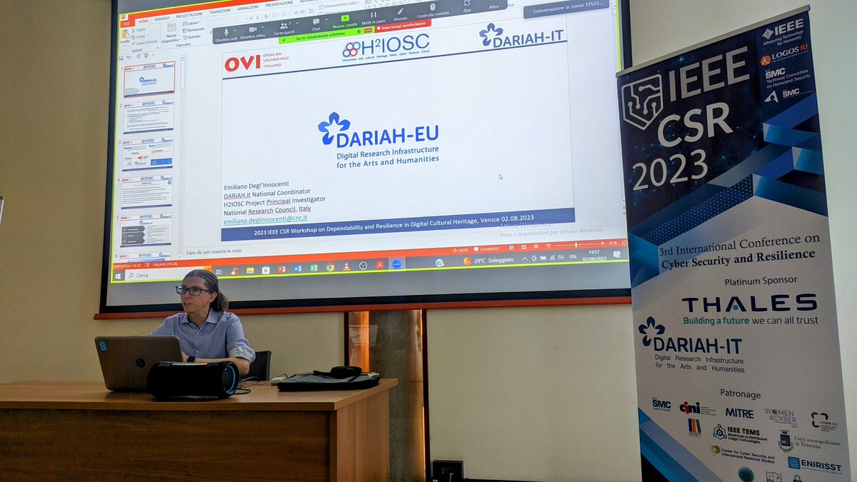 DARIAHit's tweet photo. Il coordinatore nazionale di Dariah-It, Emiliano Degli Innocenti, presenta le attività delle infrastruttura nel workshop di IEEE Cyber Security &amp; Resilience 2023.
#ieee #CyberSecurity #esfri https://t.co/JbMrLqaIkX