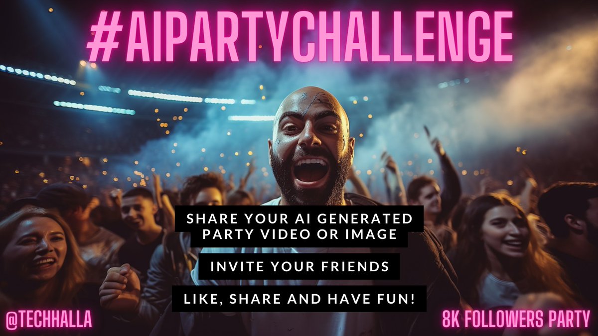 techhalla's tweet photo. 🥳🎉To celebrate that there are now +8K of you who enjoy my content every day, I invite you all to the #AIPARTYCHALLENGE!

🖼️📼Create and share a video or an image of your ideal party, tag your friends to join and have fun!

You are all amazing!! ❤️

#MidJourney #AIArtCommunity https://t.co/OUj5PShuVg