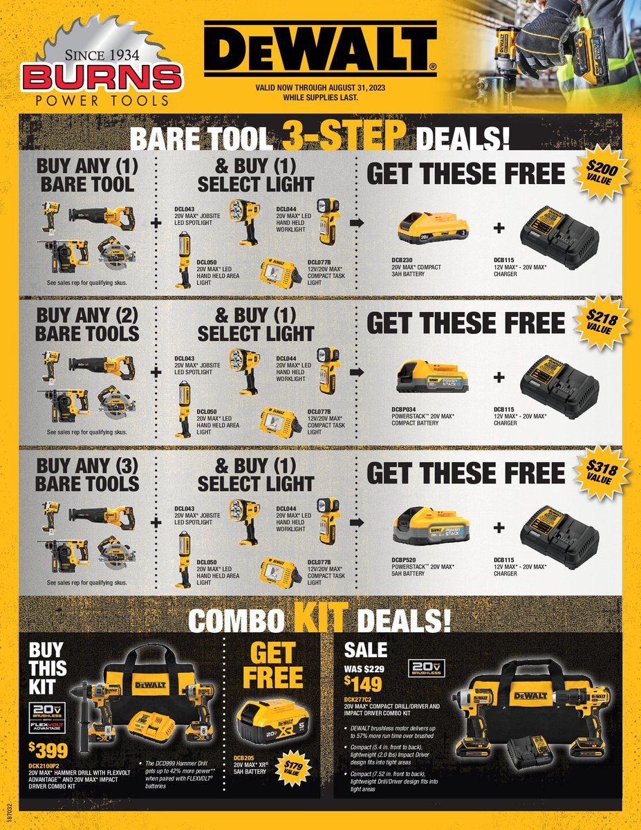 BurnsTools's tweet image. Hey everybody, all August is #DeWalt month! Now till August 31st get all these amazing #deals &amp;amp; more only at #BurnsPowerTools. If you&apos;ve been waiting for a DeWalt #sale these are the best prices so far this year so don&apos;t miss out! #carpenters #electricians #plumbers #construction