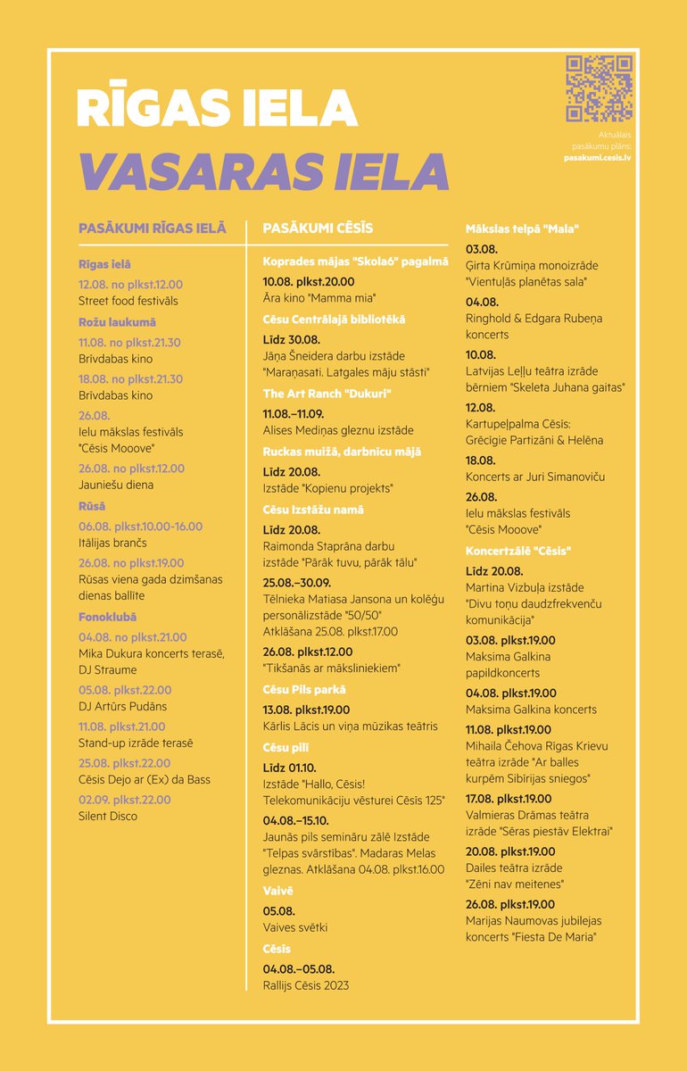 Rīgas iela turpina būt vasaras iela arī augustā! ☀️

Ieplāno un apmeklē pasākumus augusta nedēļas nogalēs gan uz Rīgas ielas, gan citviet Cēsīs un izdzīvojam notikumiem bagātu vasaru kopā! 🤩

🔎 Vairāk par šiem un citiem pasākumiem: pasakumi.cesis.lv